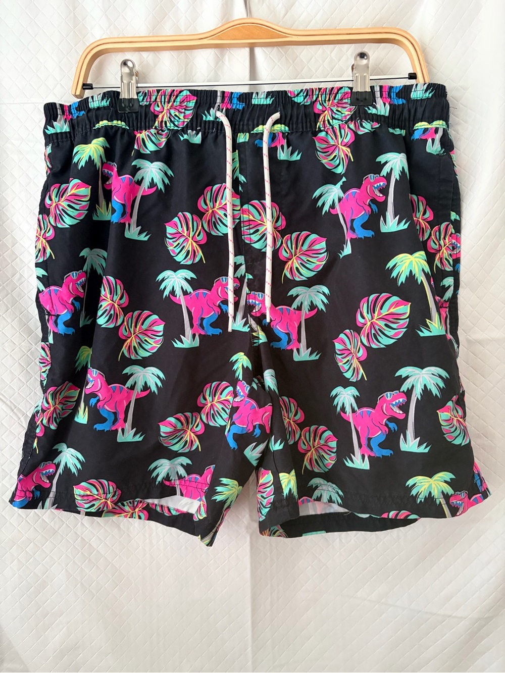 No Boundaries Black Swim Trunks with Neon Pink & Teal Dino Print